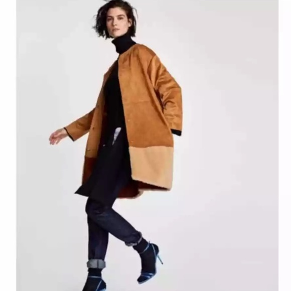 Zara Longline Oversized Faux Suede Sherpa Cognac Camel Jacket - Picture 5 of 15
